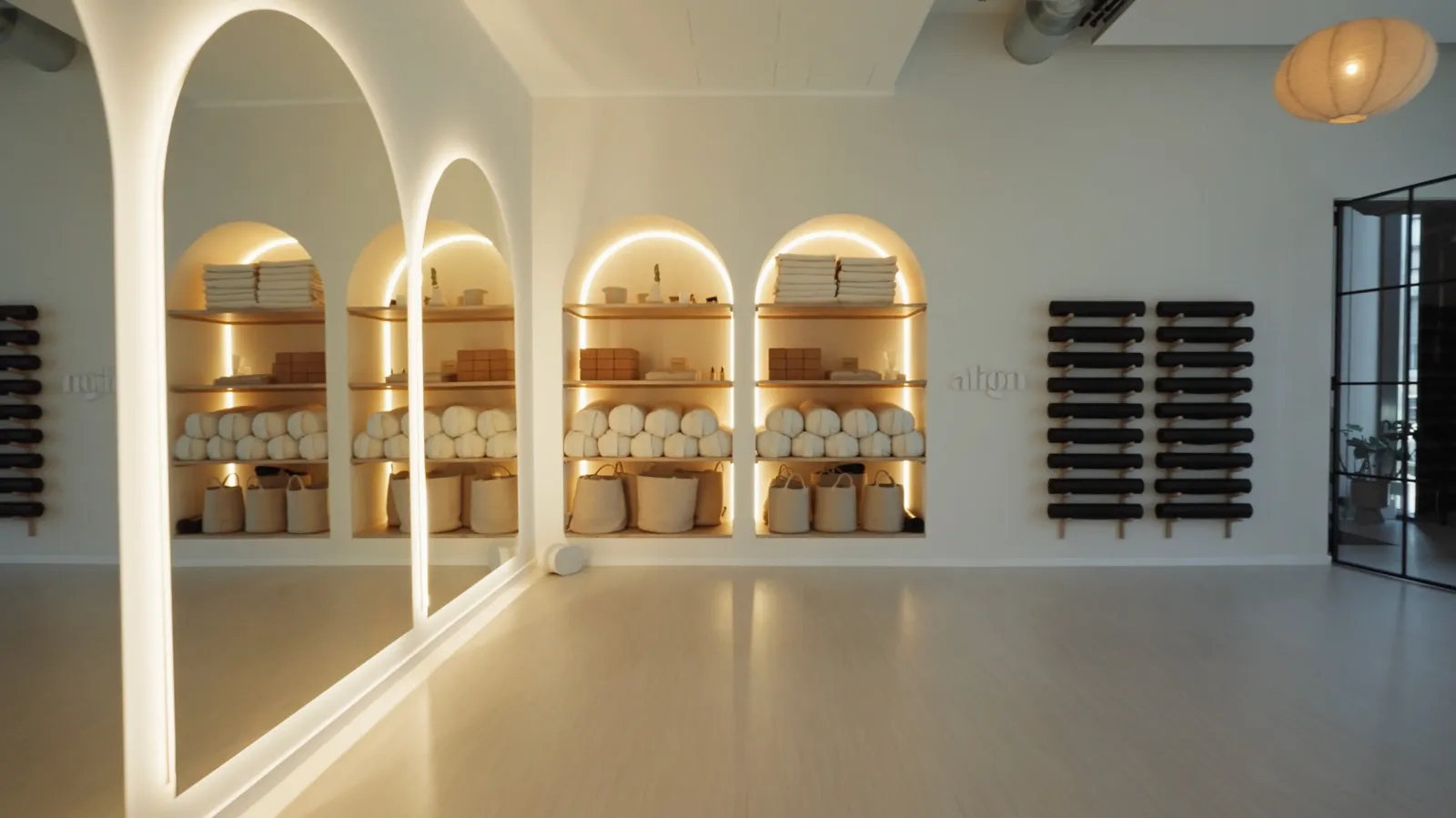 Der Kursraum des align Studios mit Spiegelwand und indirektem Licht